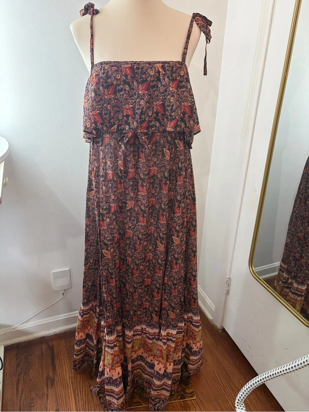 Free People Printed Rust and Brown Boho Tiered Maxi Dress